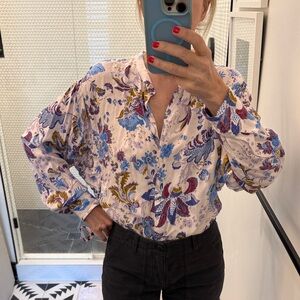 Isabel Marant Etoile Floral Button-Front Blouse in White and Blue